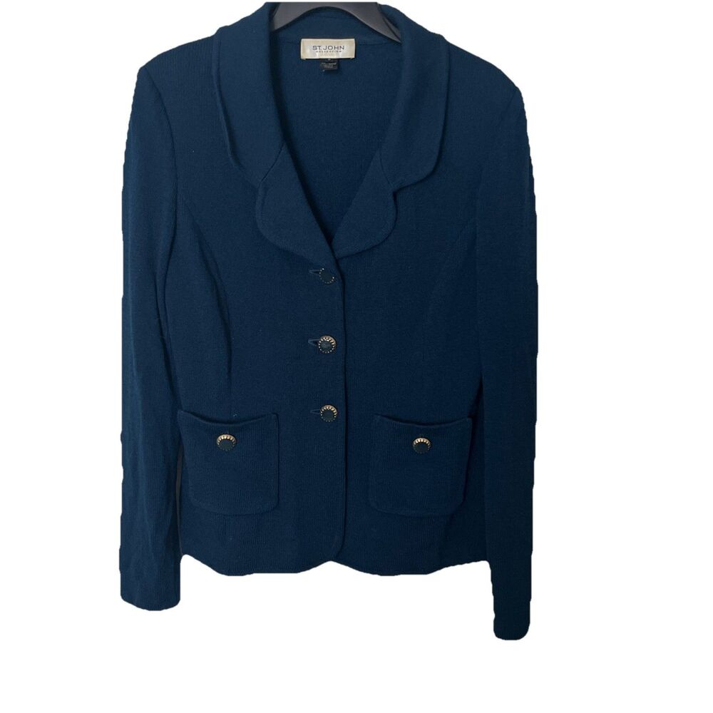 St John Collection Blue Textured Knit 3 Button Blazer Jacket Wool Blend Size 12 - Picture 2 of 7